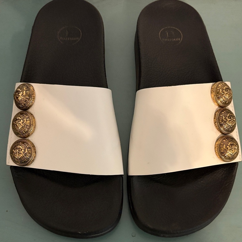 Balmain symi leather Women's White and Black Slide Sandals with Gold buttons 38